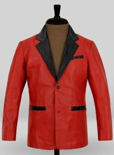 Men's Red Leather Blazer Pure Lambskin Black Lapel 2 Button Stylish Coat Blazer