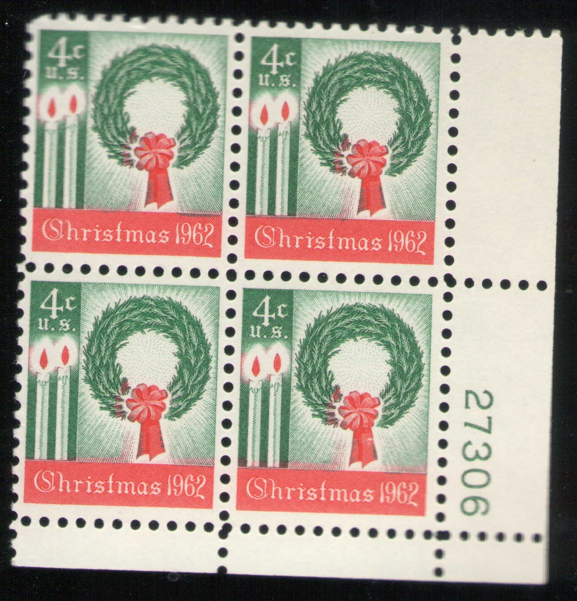 US. 1205. 4c. Wreath & Candles, Christmas. Shiny Gum. PB4 27306 LR