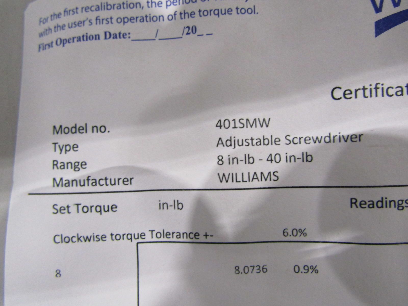 Williams 401SMW 1/4" Dr 5 40 In Lbs Micro Adjustable Torque