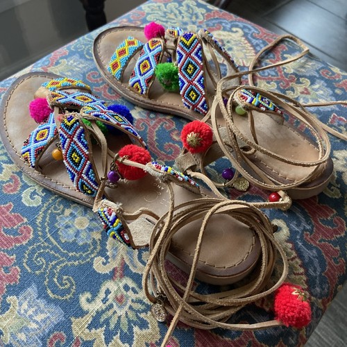 Chinese Laundry Womens Boho Wrap Around Pom Pom Beaded Sandals Size 8.5 - Picture 2 of 4