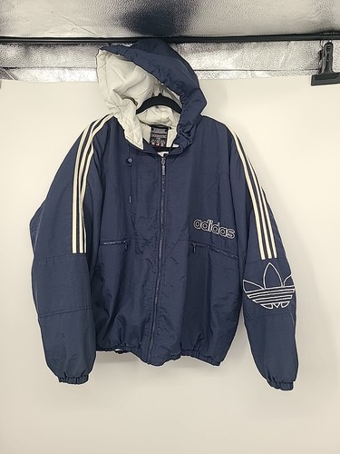 Chaqueta con capucha vintage años 90 Adidas clásica con logotipo grande trébol para hombre XL DE COLECCIÓN RARA Azul marino - Imagen 2 de 16