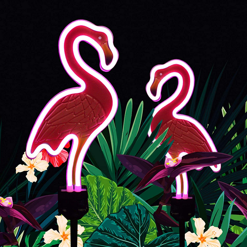 Solar Flamingo Pink Neon Light - Set of 2 Metal Garden Stake Lights 42 Inch Path - Picture 2 of 8