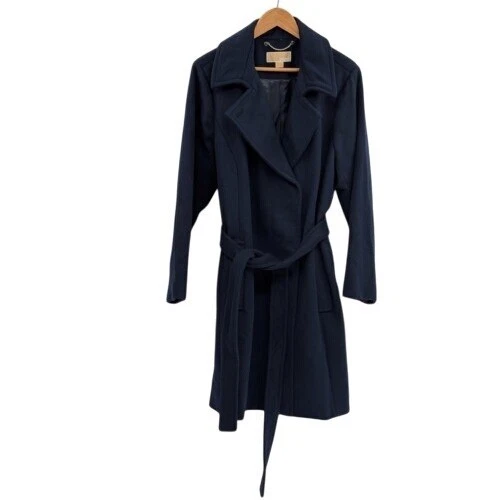 Cappotto lana Michael Kors soprabito pavone lungo donna taglia 1X blu scuro con cintura nuovo