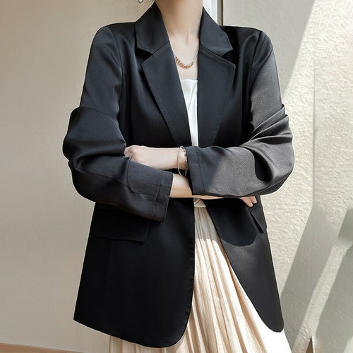 Women Mulberry Silk Satin Coat Button Mid-Length Lapel Long Sleeve Loose Jackets - Picture 4 of 19