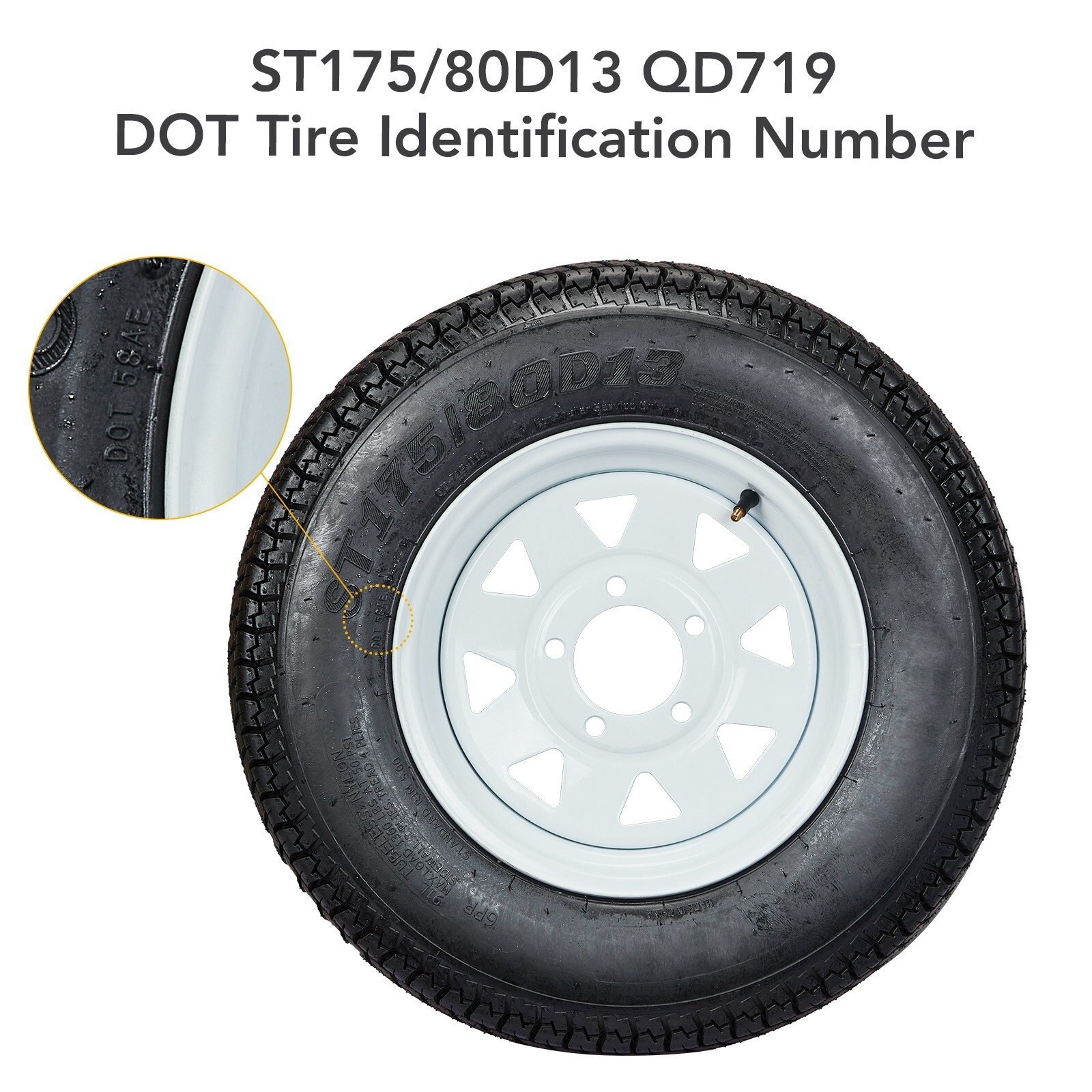 2Pcs ST175/80D13 5 Lug Trailer Tires,13" Rims,175/80 D 13,6PR,White