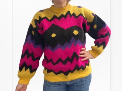 Vintage 90er Pullover Gr. 14 Retro Abstrakt Grobstrick Pulli 80s Hell Pop Art