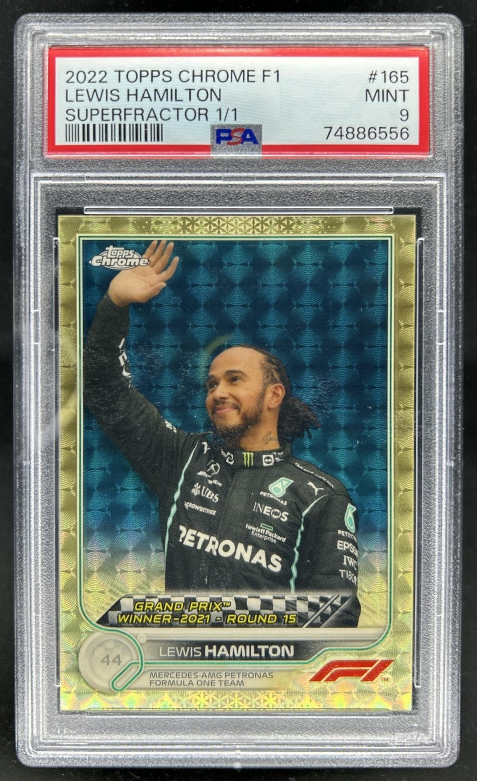 2022 Topps Chrome F1 Lewis Hamilton SuperFractor Grand Prix Winners #1/1 PSA 9
