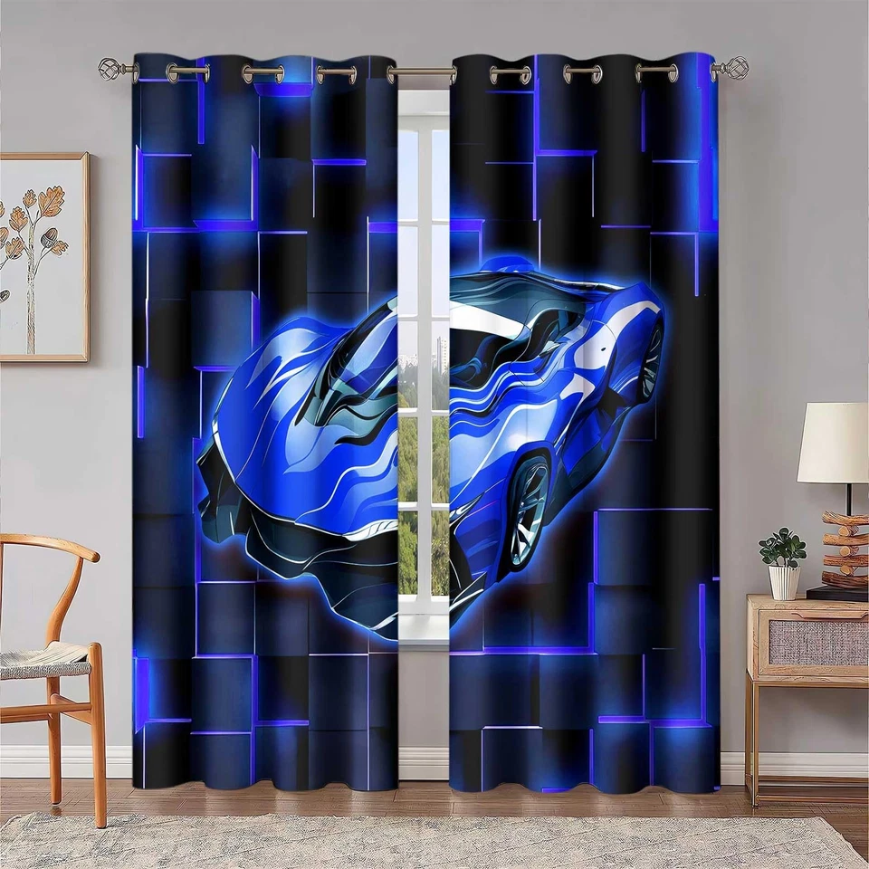 Cortinas de coche de carreras, cortina de coche deportivo azul de carreras, geometría azul negro 424 pulgadas... Foto 3 de 4
