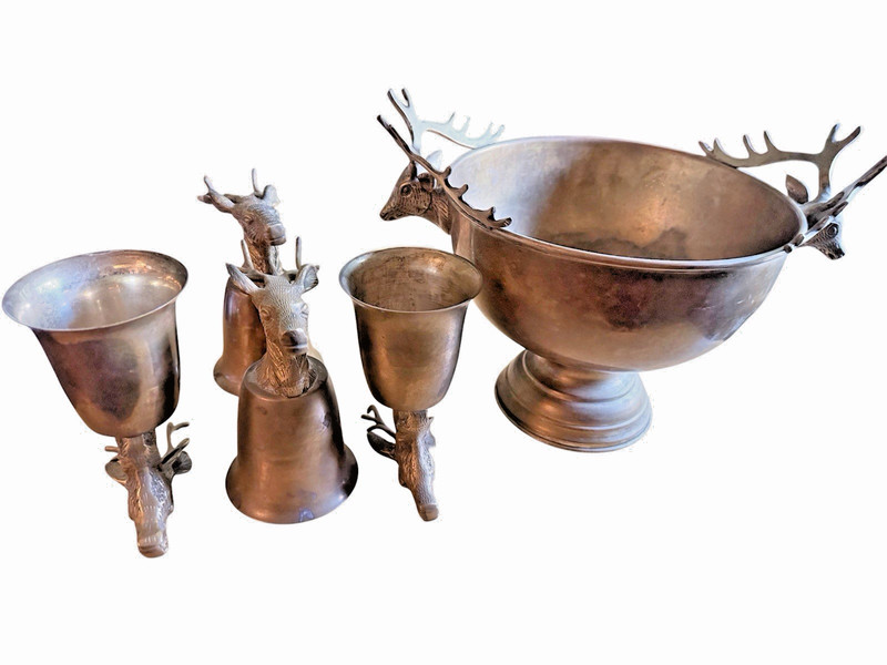 Vintage Silver Plated Deer Stirrup Cups & Bowl Set Stag Head Barware Rustic Bar