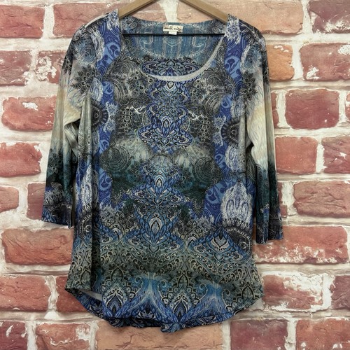 World Unity Top Womens L Blue Multicolor Boho Floral Rhinestones Casual Shirt