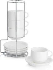 Sweese 2.5 Ounce Porcelain Stackable Espresso Cups with Saucers and Metal Stand
