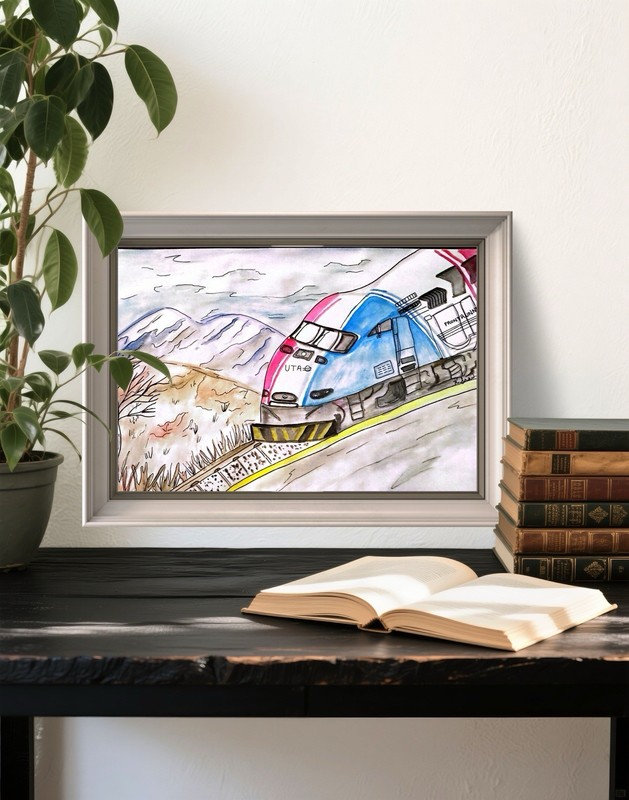 Railroad Original Art 9x12 Watercolor Ink Painting Utah Ogden Mountains