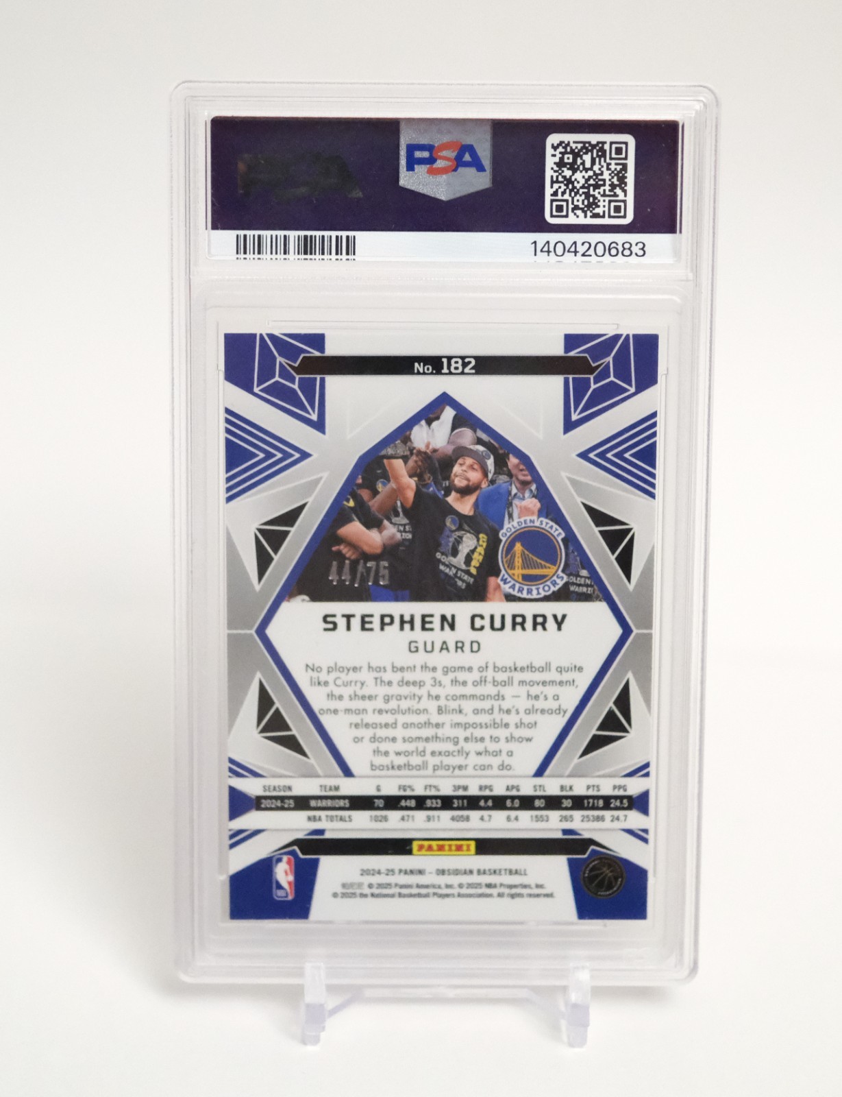 2024-25 Obsidian Stephen Curry Electric Etch Purple Flood /75 PSA 9 MINT #182 view 2