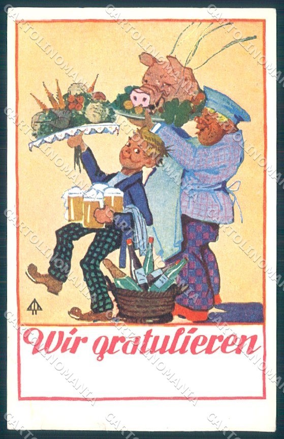 Cartolina Artista Firmata Maiale Bambino Uomo Auguri Birra PIEGA ANGOLARE TW1406