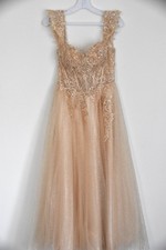 Blush Champagne Beaded Prom Dress Illusion Bodice Tulle A-Line PROM
