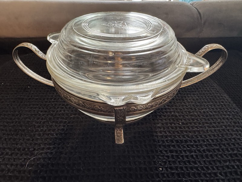 Vintage Phoenix 6" Ribbed Glass Casserole Dish w/Lid in Metal Server England