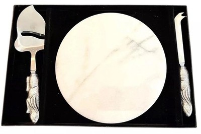 Arthur Court White Marble 8  Round Cheese Board Set Rabbit Handle Knife & Grater