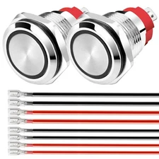 2PCS 16mm Latching Push Button, 12-24V 15A, Blue LED, Stainless, Waterproof