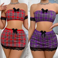 Women Sexy Tempting Hot Short Skirt Bustier Set Babydoll Lingerie Tops Skirt Set
