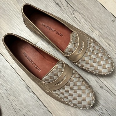 ROBERT ZUR Petra Gold Slip On Loafers Women's Woven Leather Size 8.5 M
