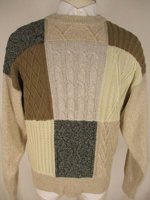 Orvis Mens Beige Patchwork Crewneck Cotton Sweater XL