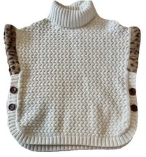ASPEN KIDS Ivory Knit Poncho Turtleneck with Fur Trim Side Buttons L 10-12 NWOT