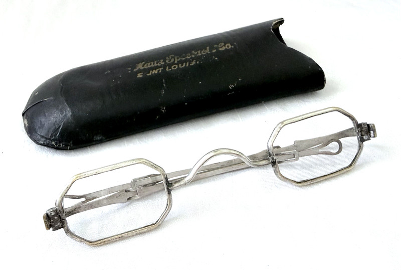 ANTIQUE Silver? Tone Franklin Frame Eyeglasses Sliding Temples with Tube Case