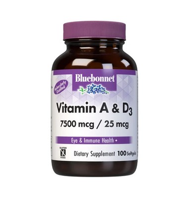 Bluebonnet Nutrition Vitamin A  D3 100 Softgels Egg-Free, Gluten-Free,