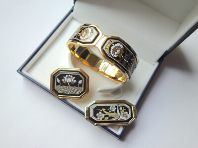 MICHAELA FREY WILLE Enamel Jewelry Set Bangle, Pendant & Brooch Flowers Vintage