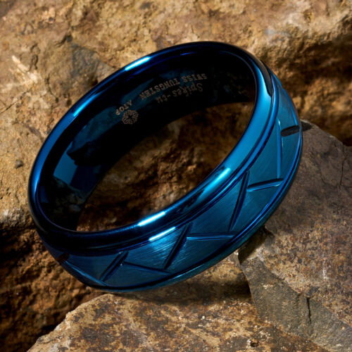 ATOP Jewelry 8mm Blue Tungsten Ring for Mens Wedding Band Bridal - Picture 2 of 8