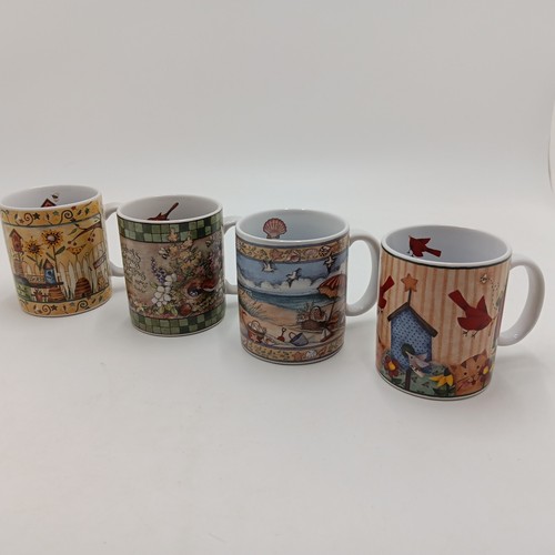 Vintage Lang And Wise 4er Set Kaffee Tee Tassen 1998-2001 Vögel Küste Blumen