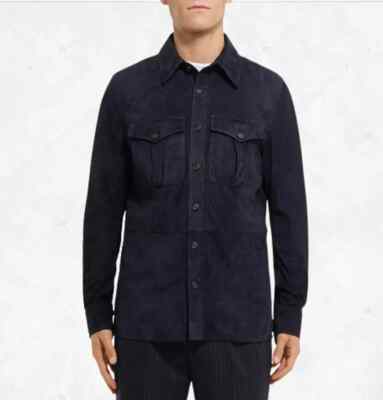 Men's Navy Blue Suede Leather Shirt 100% Pure Lambskin Made To Measure Shirt
