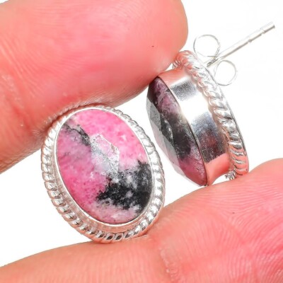 Boucles D'oreilles Unique En Rhodonite & Argent 925 - Fait Main - Neuf Sans Emballage