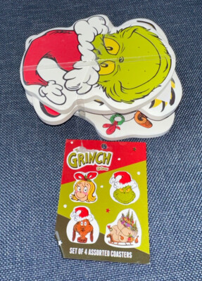 4 Dr Seuss Grinch Max Cindy Lou Shaped Stone Cork Bottom Coasters Christmas New