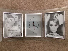 Brand New Triptych Glass Double Frame with Center Analog Battery Operated Clock
