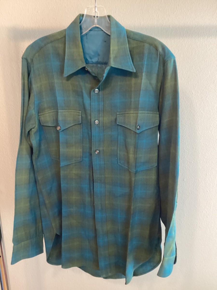 60s Mens MED VTG Pendleton Wool Shadow Plaid button up shirt blue  
