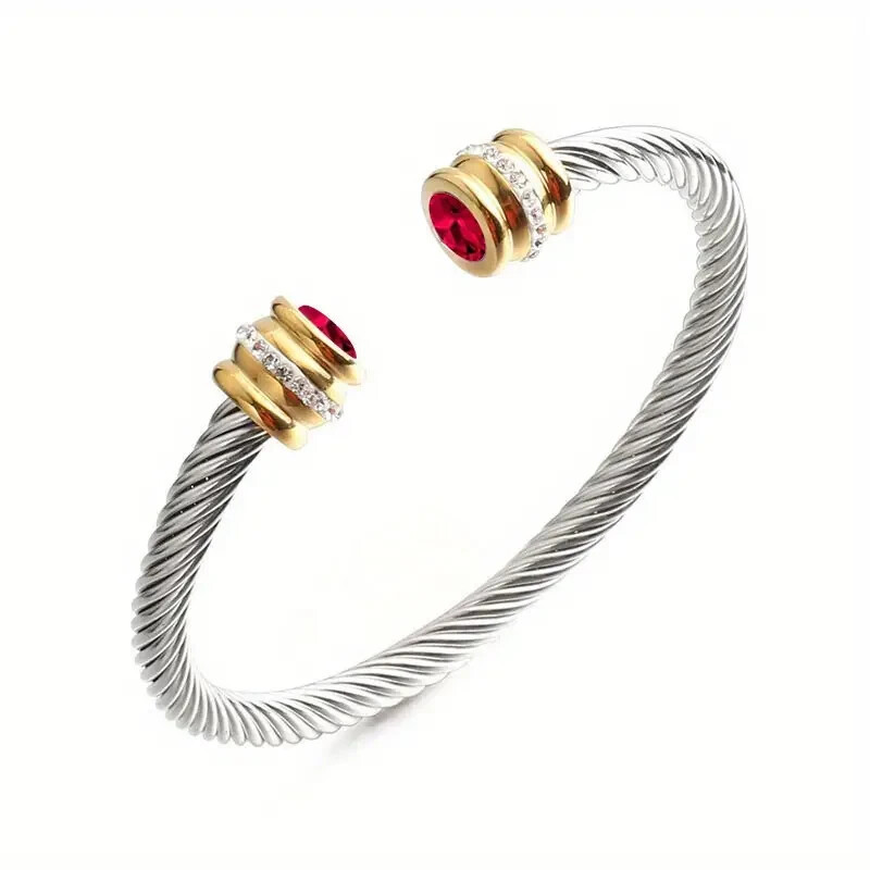 New Women's Red Zircon Two-Tone Stainless Steel Bangle Bracelet - Free Shipping