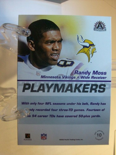 2002 Pacific Adrenaline Playmakers Football Card #10 Randy Moss (85467) - Picture 2 of 2