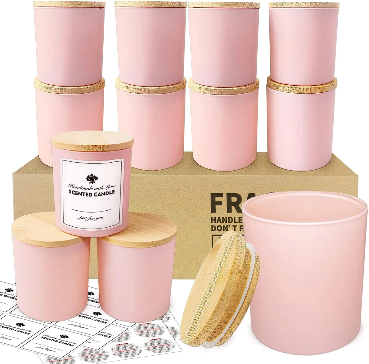 12 Pack 10Oz Pink Glass Candle Jars for Making Candles with Bamboo