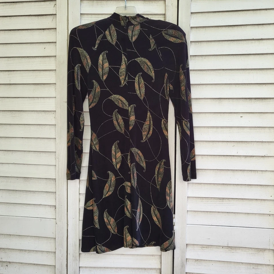 Vestido Vintage Creations Joseph Ribkoff Manga Larga Patrón Hoja Negro Dorado Talla 10 Foto 2 de 4