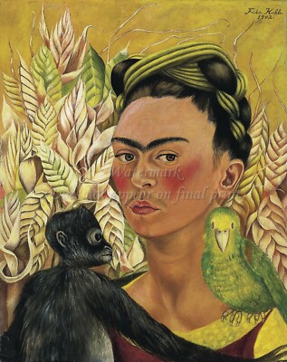 FRIDA KAHLO Art Poster or Canvas Print ''Self Portrait With Monkey and Parrot''