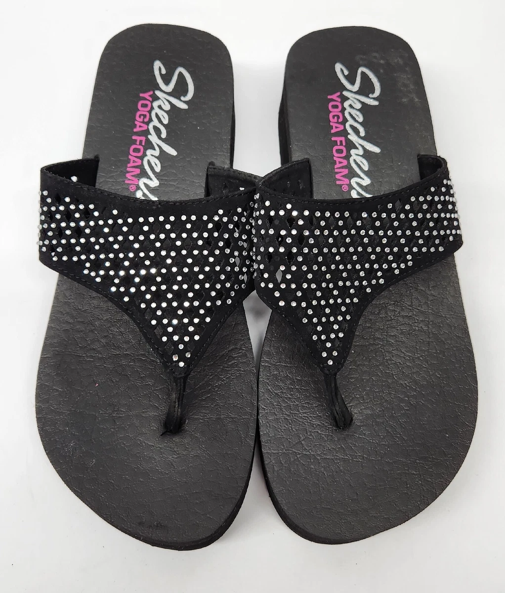 SKECHERS Yoga Foam Womens Size 7 Black Sparkle Thong Flip Flop Sandals