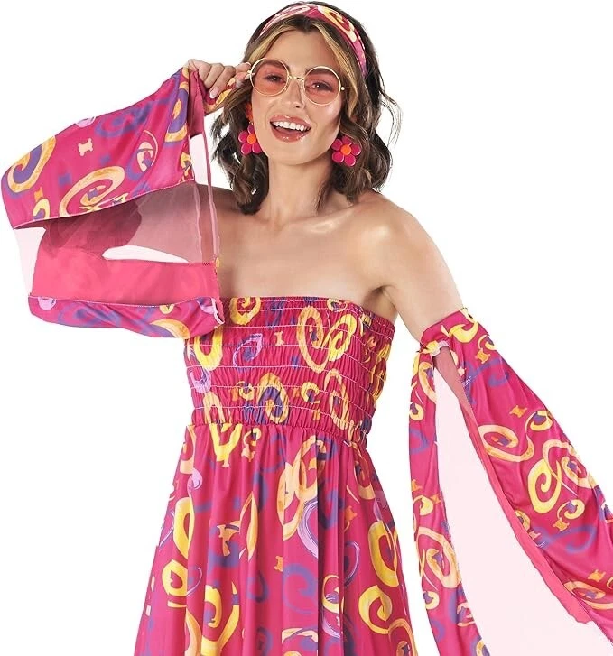 Mujer Rosa Hippie Disfraz Años 60 70 Damas Gogo Niña Hippy Mini Vestido S - XXL Foto 3 de 4