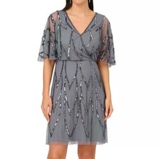 Adrianna Papell - Beaded Mesh Flutter-Sleeve Dress