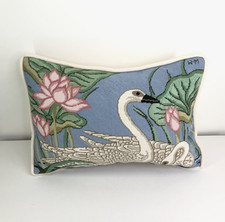 Vintage Needlepoint Swan Floral Blue Pink Cream Rectangle 16" x 12" Velvet EUC