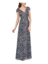JS COLLECTION Womens Navy Short Sleeve Fit + Flare Formal Dress 4