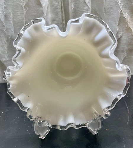 Vintage Fenton Silver Crest Ruffled Edge Bow, Milk Glass, Glow In Dark Light.
