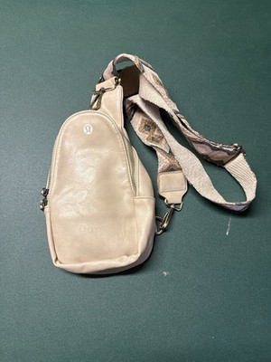 lululemon crossbody bag beige Lululemon Crossbody Sling Bag Cream Leather w/ Woven Strap – Rare Style