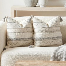 20x20 Combo Set of 2 Square Boho Neutral GreyAccent Pillowcase Tassels Farmhouse