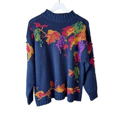 Rebecca Stone Vintage Women'sM Sweater Colorful Raised Grapes  Vines